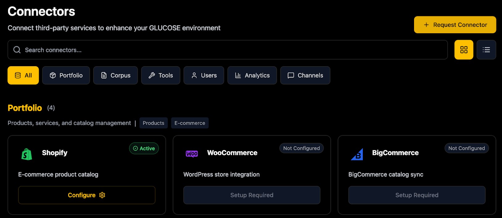 GLUCOSE Connectors panel showing third-party integrations including Shopify, WooCommerce, and BigCommerce with portfolio, corpus, tools, users, analytics, and channels categories