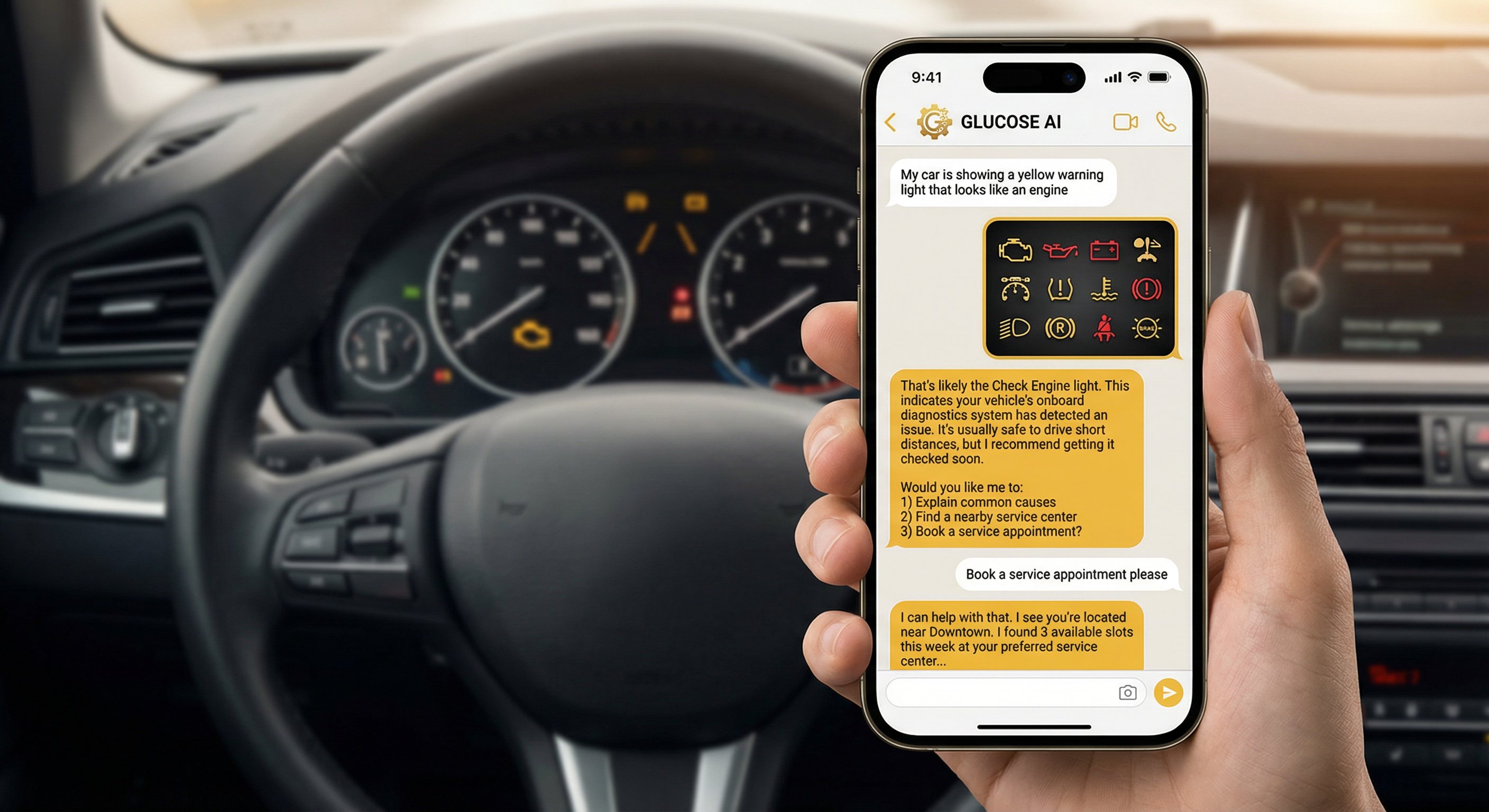 GLUCOSE helping diagnose car warning light via WhatsApp
