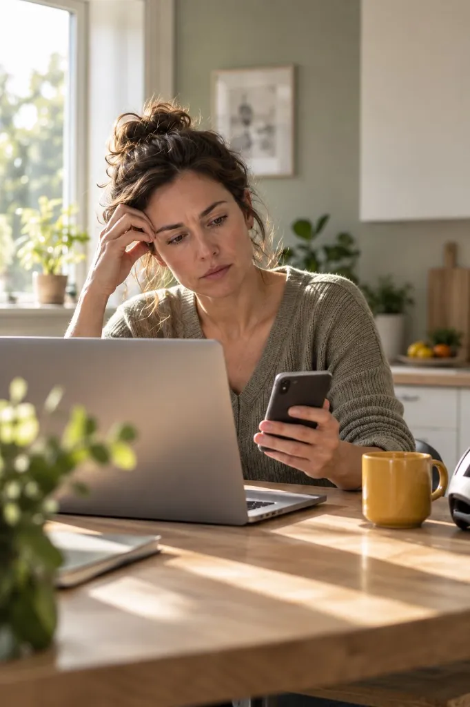 Woman at a laptop, messaging a brand across channels