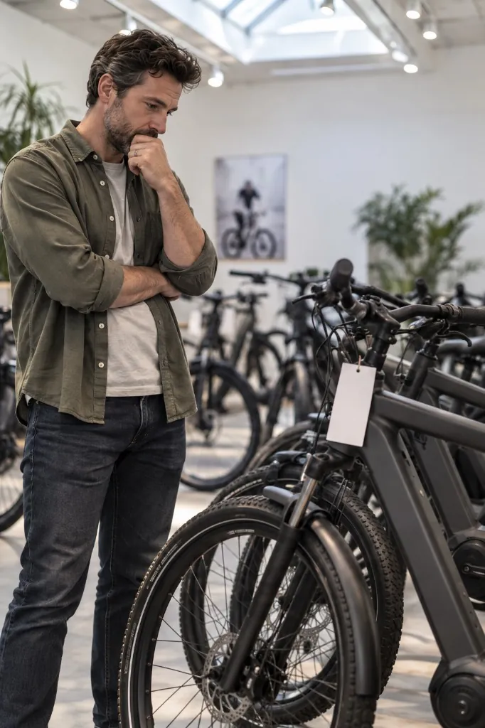 Man in an e-bike showroom, unsure