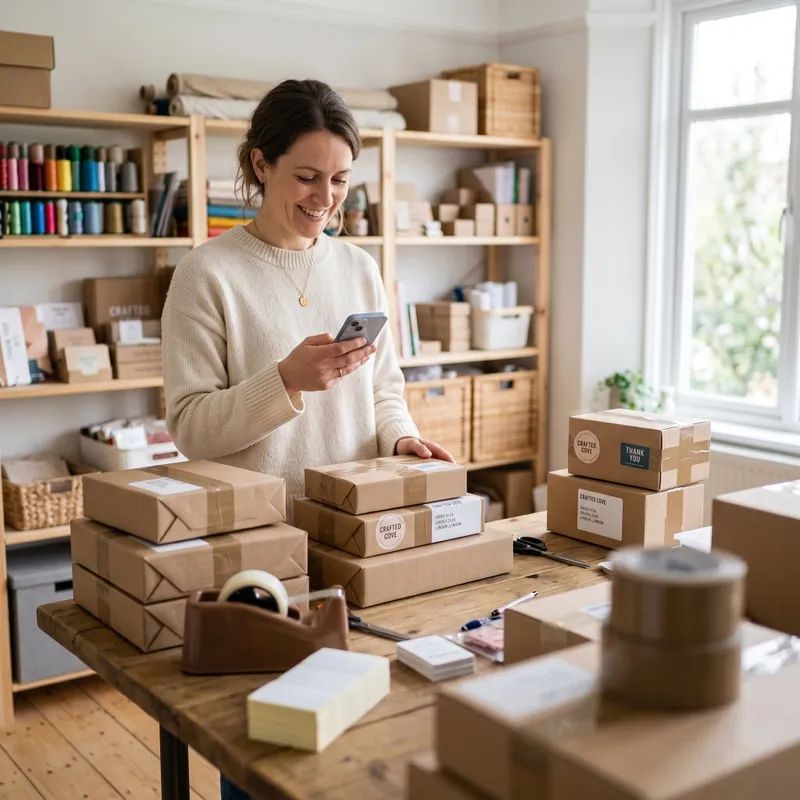 A maker checking an order on her phone beside packed parcels