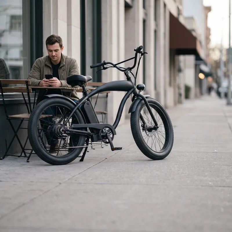 A rider checking his phone beside a black e-bike