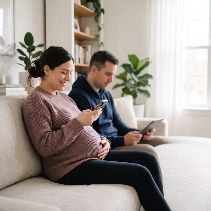 A pregnant woman reading a message on her phone at home
