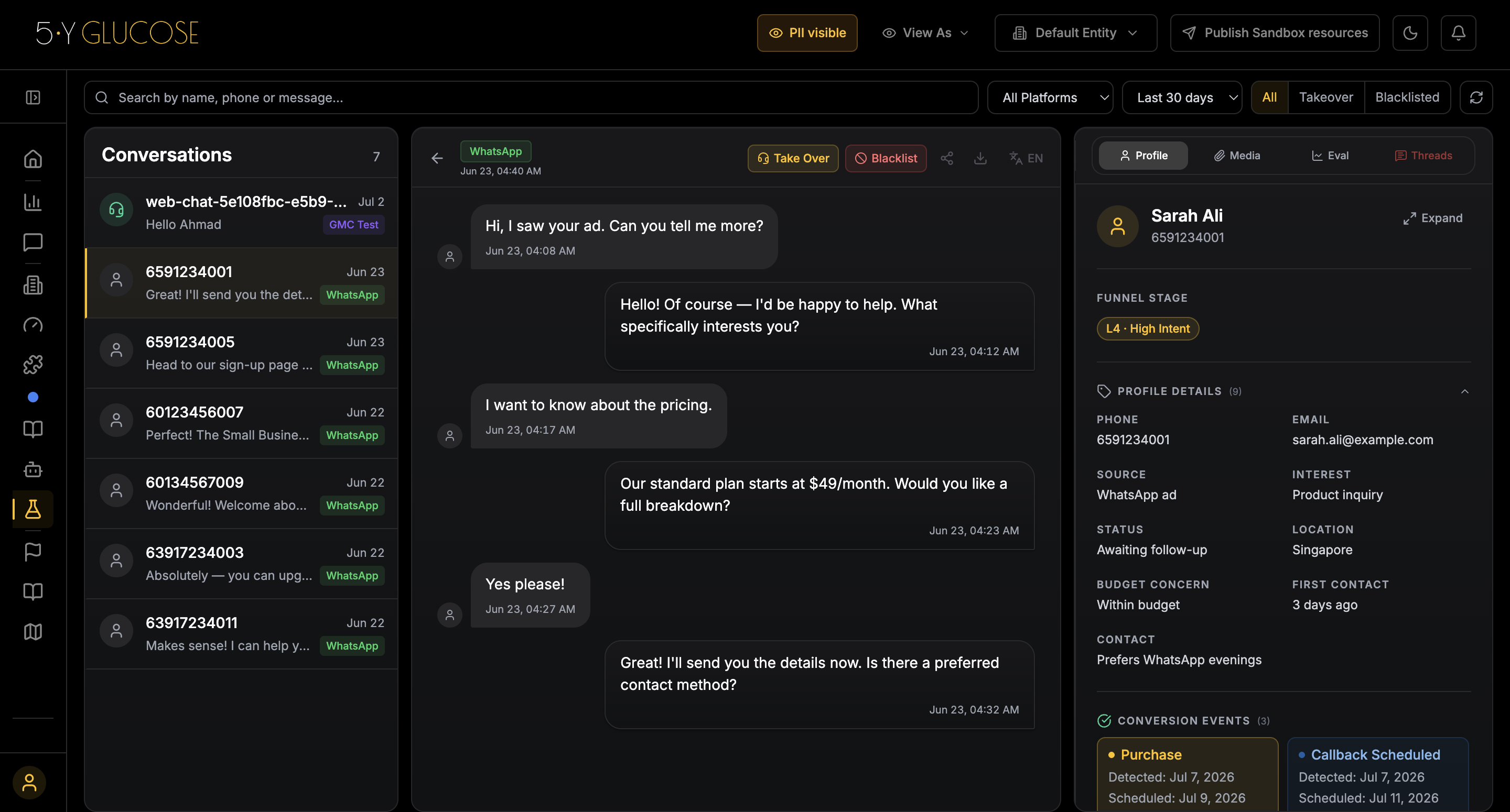 GLUCOSE Engagement Console — live conversation monitor, user profile panel and per-turn eval scores.