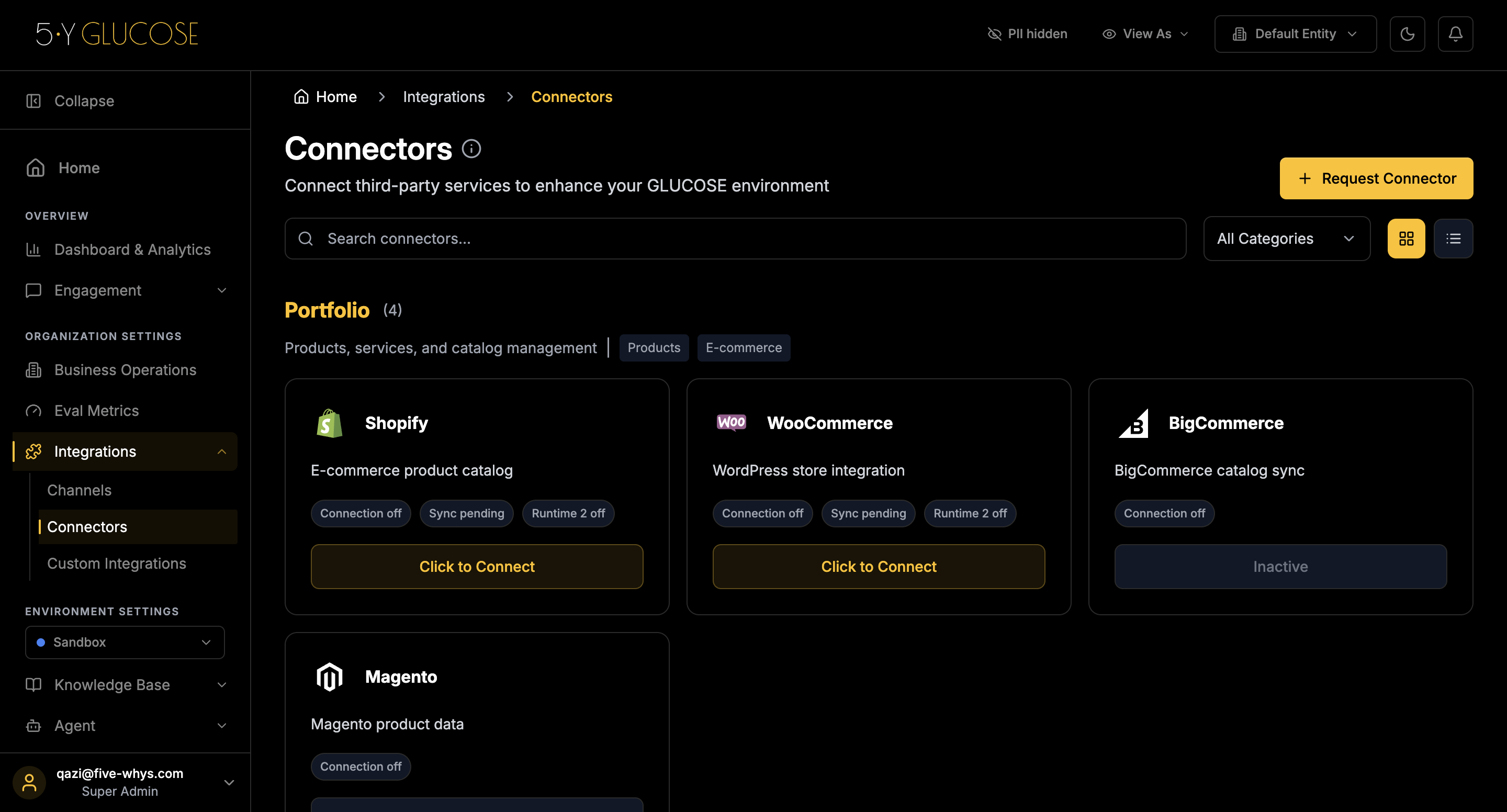 GLUCOSE Connectors panel — manage every channel and system integration from one no-code surface.