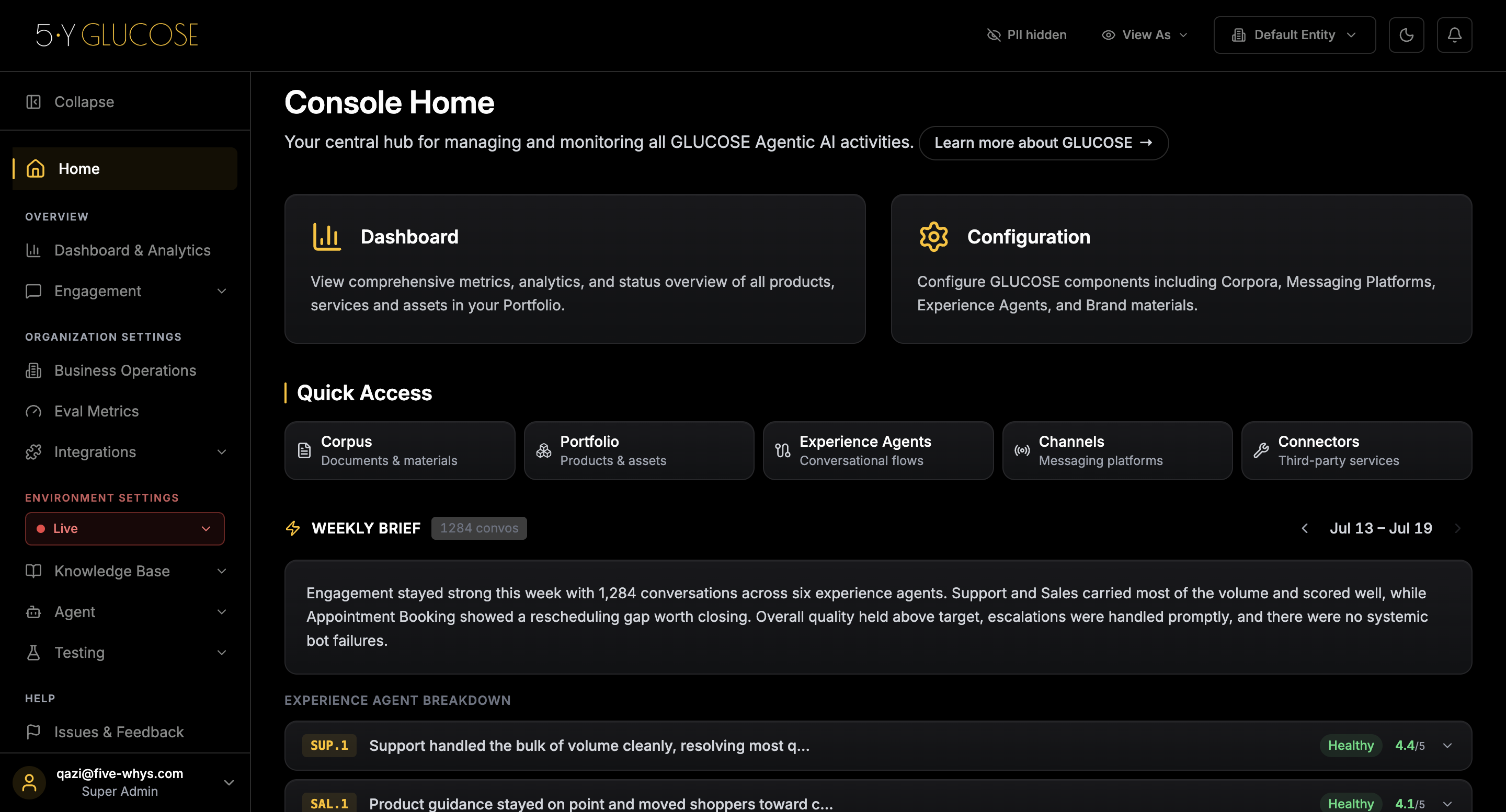 GLUCOSE Management Console — no-code command centre for agents, corpus, connectors and guardrails.