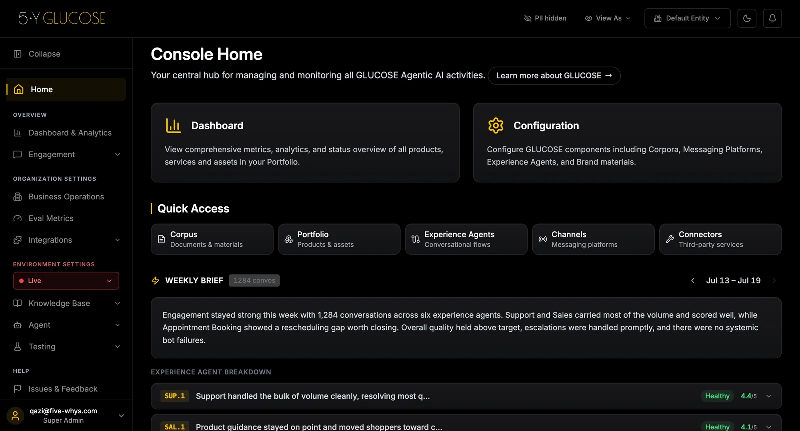 GLUCOSE Management Console - no-code command centre for agents, corpus, connectors and guardrails.